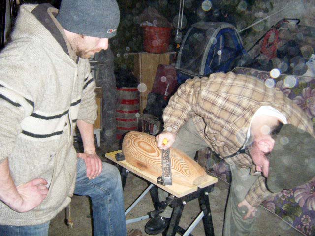 Brian and Stephen check the rasping of the stern. Photo: MG